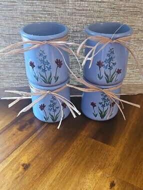 Blue Ceramic Jars/Votive Holders with Decopaged Floral Design - Set of 4